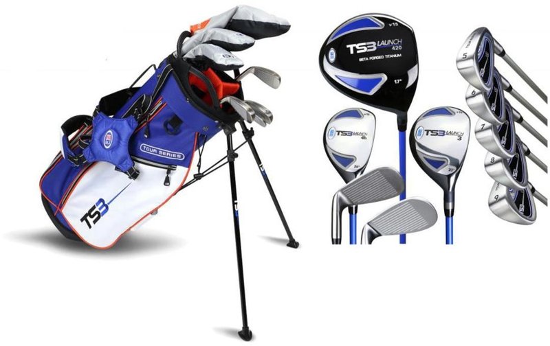 U.S. Kids Golf TS3-51 (130cm) V15 10-Club juniorský golfový set, grafit + stand bag, royal/biela/oranžová