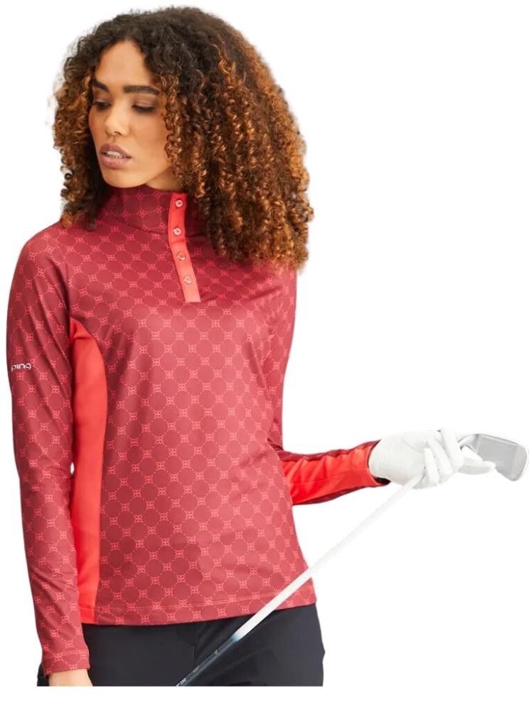 PING Lolette Printed dámske polo s dlhým rukávom 2024, tibetan red multi/cayenne