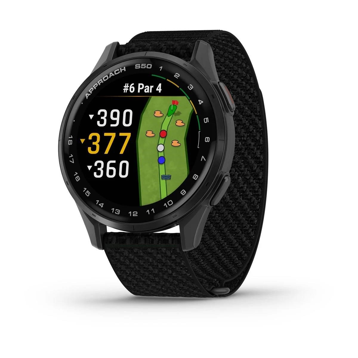 Garmin Approach S50 GPS hodinky, čierny nylón/strieborný hliník