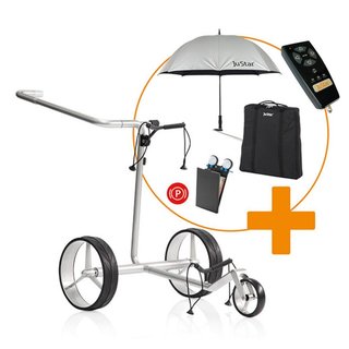 JuStar Carbon Light SET (incl. umbrella, scorecard holder, carry bag, el. parking brake) + REMOTE CONTROL elektrický vozík, titanium