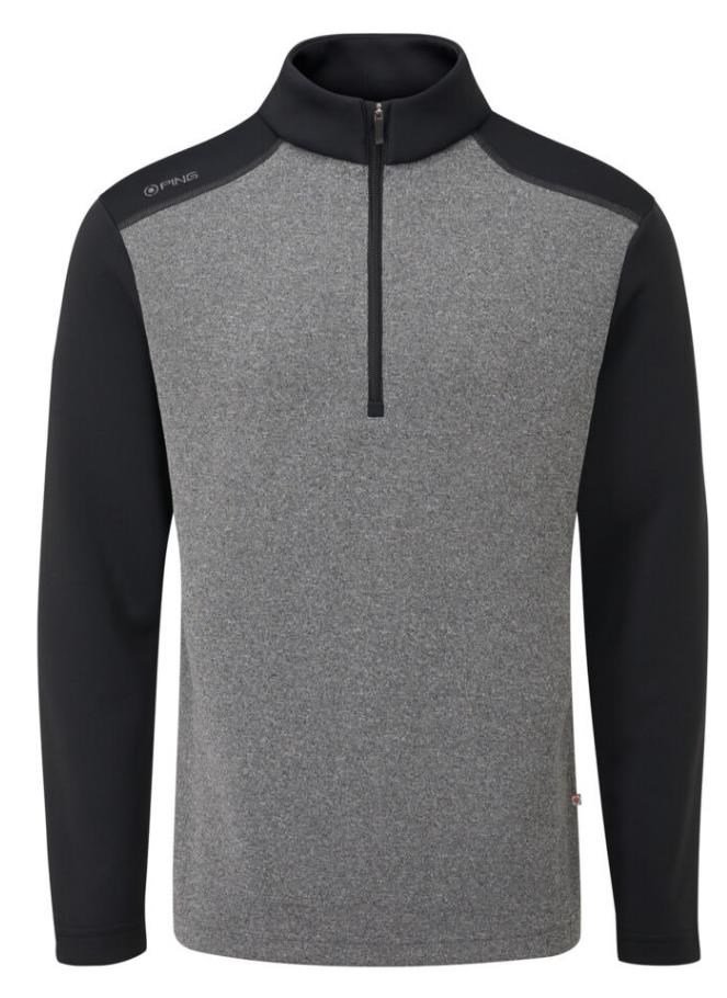 PING Ramsey half zip ribbed fleece pánsky pullover, čierny melír/čierny