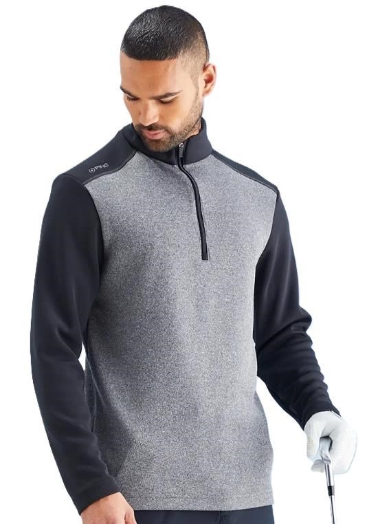 PING Ramsey half zip ribbed fleece pánsky pullover, čierny melír/čierny