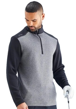 PING Ramsey half zip ribbed fleece pánsky pullover, čierny melír/čierny