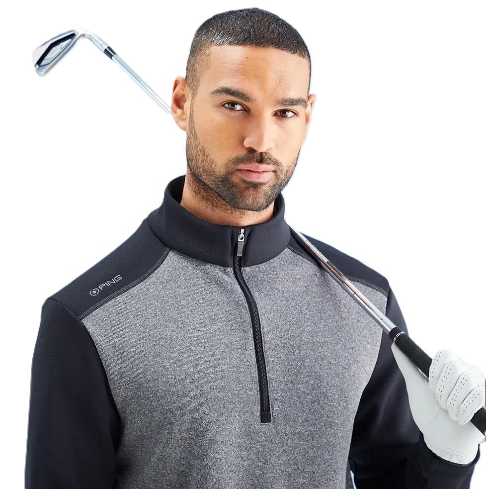 PING Ramsey half zip ribbed fleece pánsky pullover, čierny melír/čierny