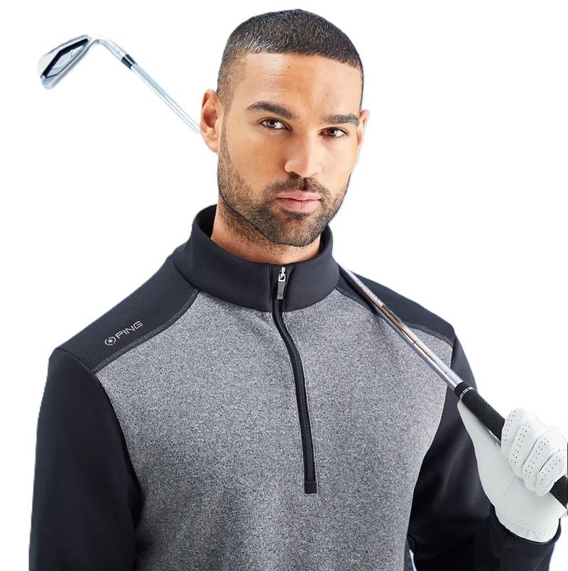 PING Ramsey half zip ribbed fleece pánsky pullover, čierny melír/čierny
