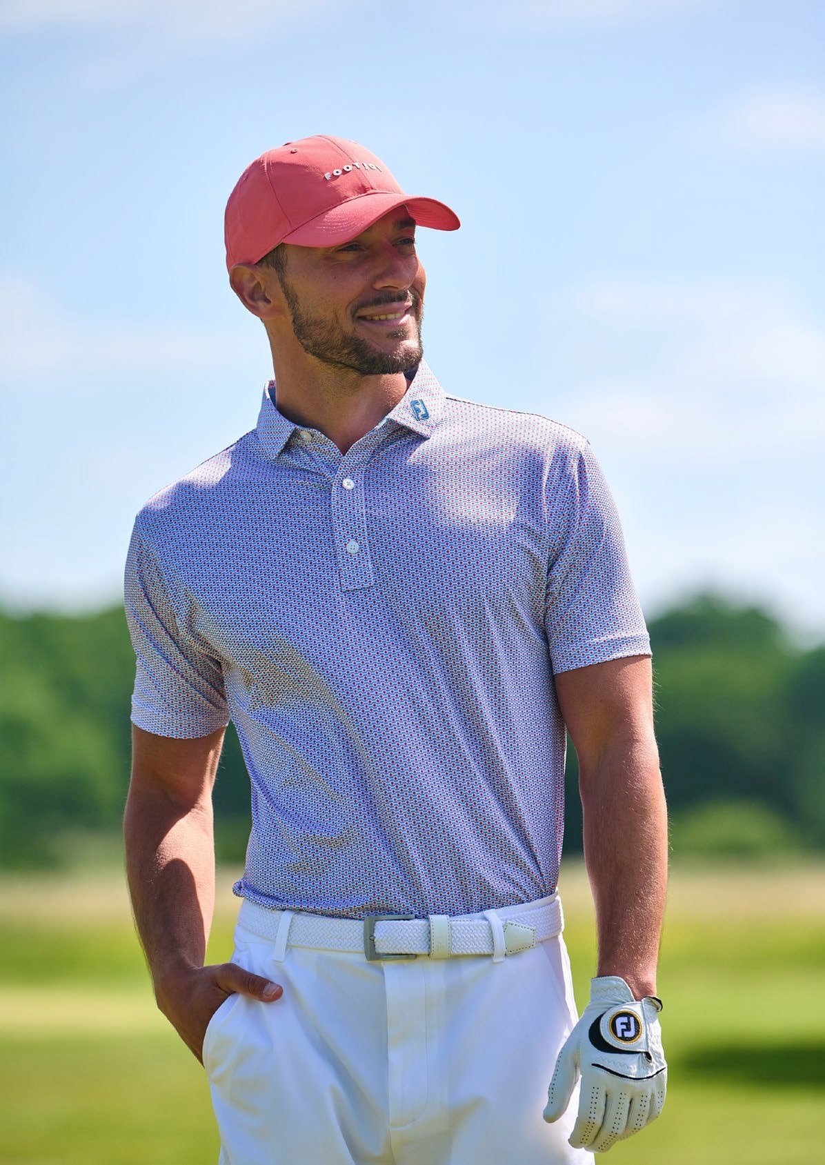 FootJoy Nautical Flag Print Lisle pánske polo, nantucket red/coastal blue