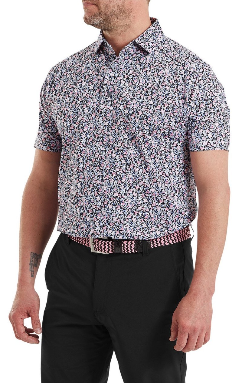 FootJoy Meadow Print Lisle pánske polo, black/vivid violet/pink pop