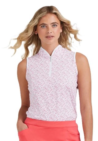 PING Penola Printed Sleeveless dámske polo, fuchsia foliage