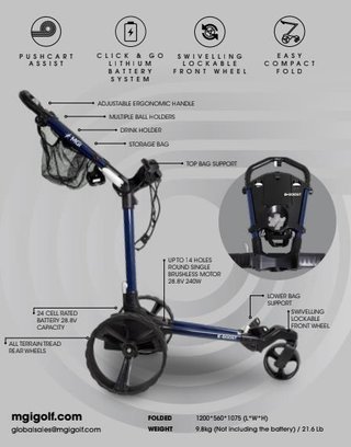 MGI E-Boost hybrid golf trolley 2026 elektrický vozík, modrá