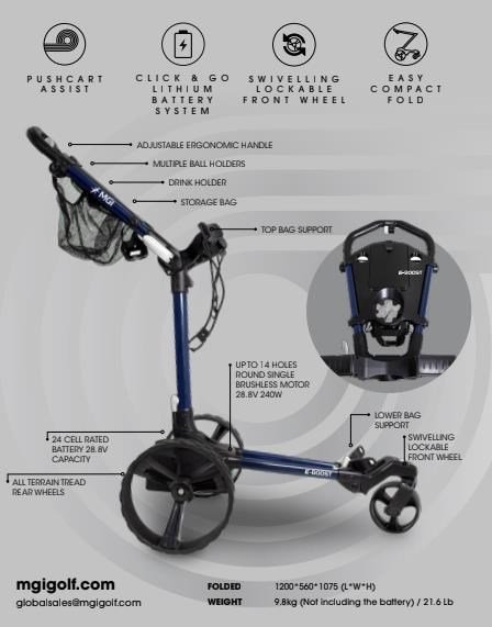 MGI E-Boost hybrid golf trolley 2026 elektrický vozík, modrá