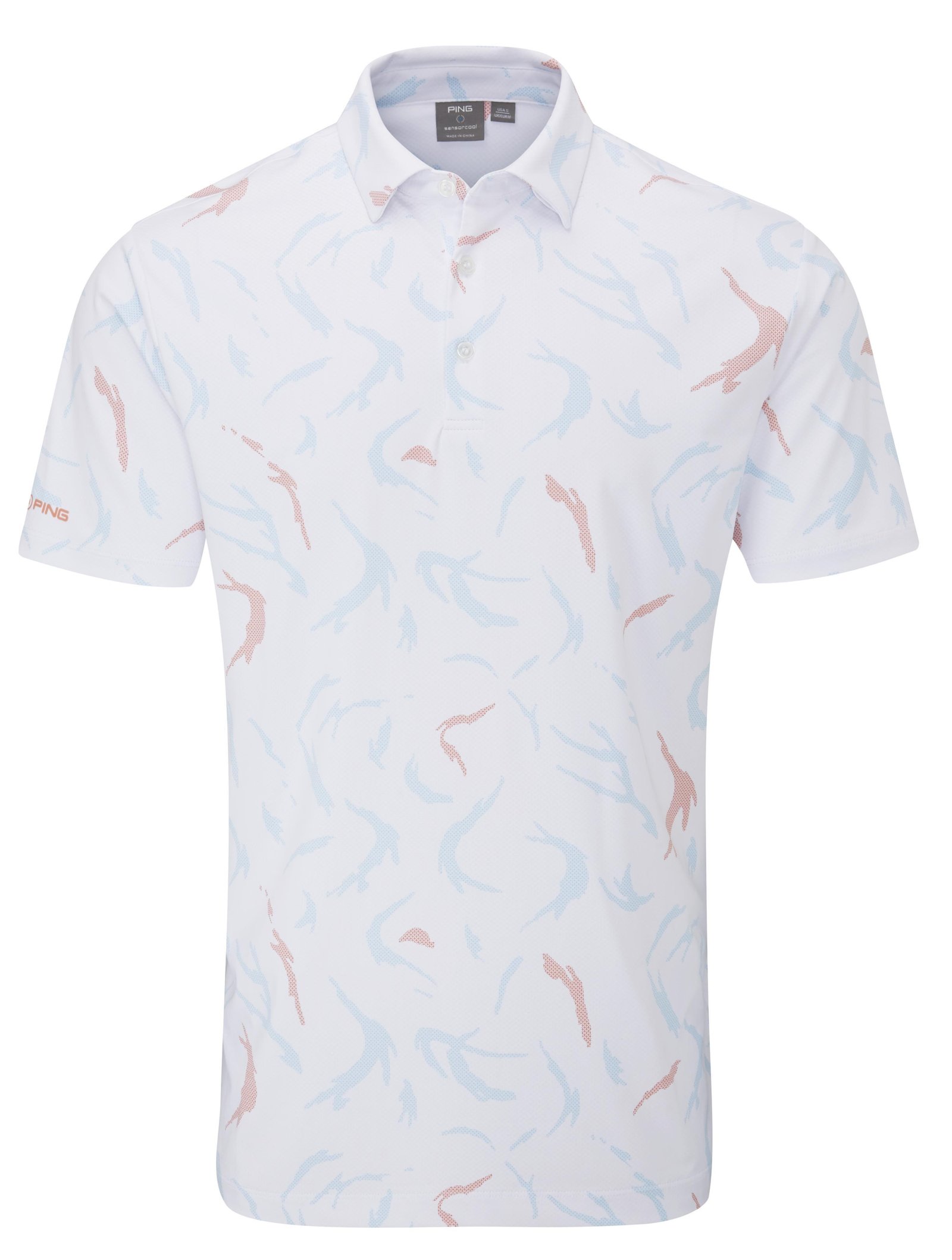 PING Ephron Printed pánske polo, biela/wild salmon multi