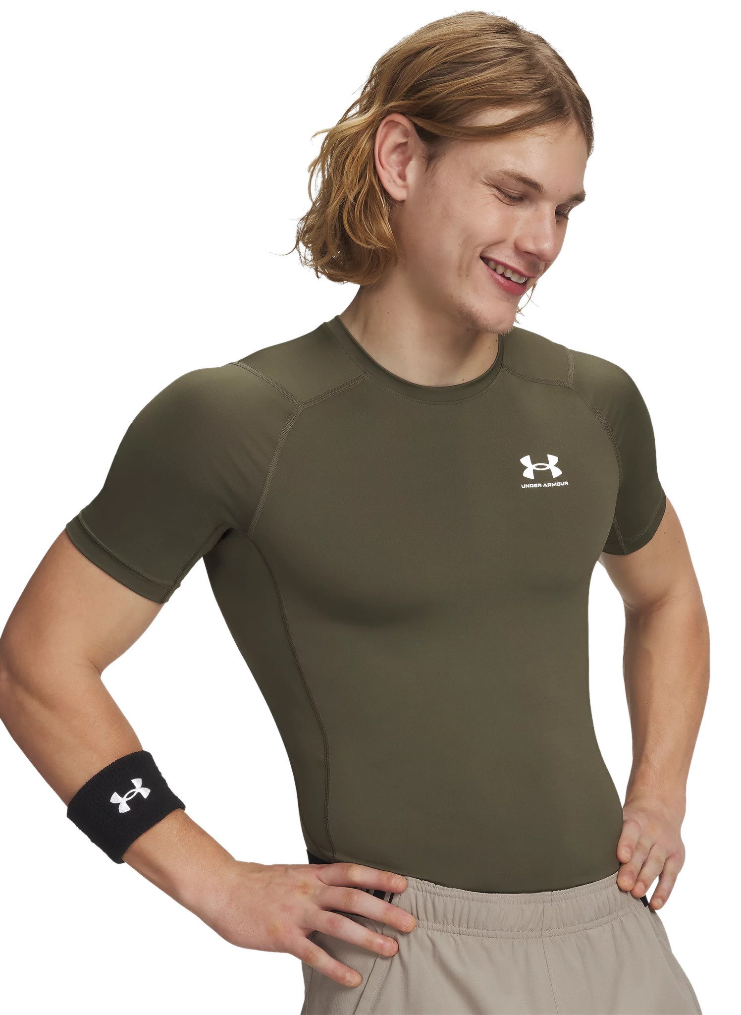 Under Armour HeatGear pánske kompresné tričko, marine OD green/biele