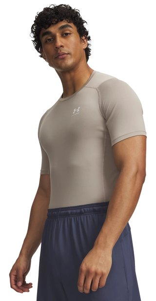 Under Armour HeatGear pánske kompresné tričko, timberwolf taupe/biela