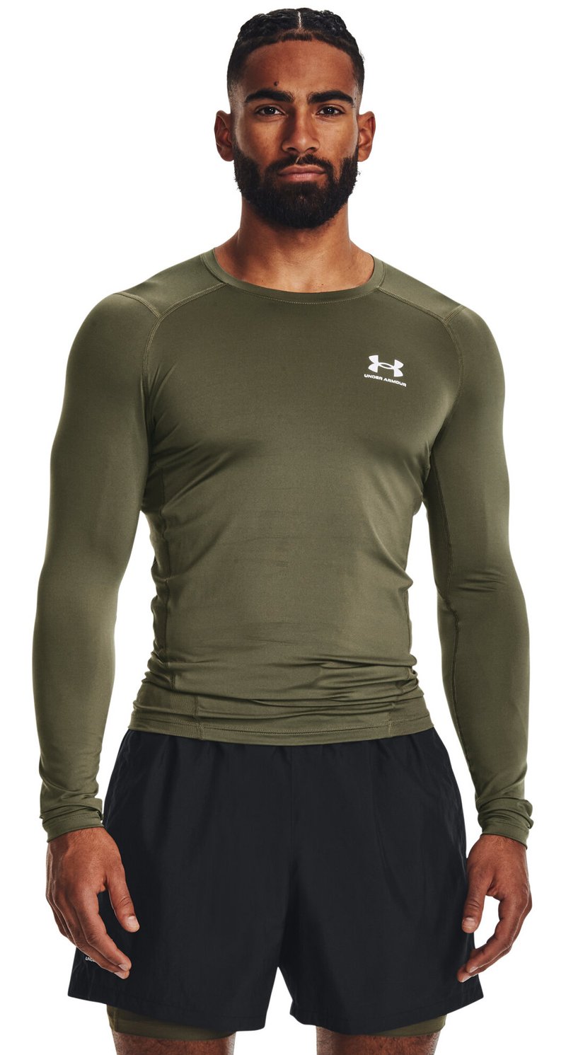 Under Armour HeatGear pánske kompresné tričko s dlhým rukávom, marine OD green/biele