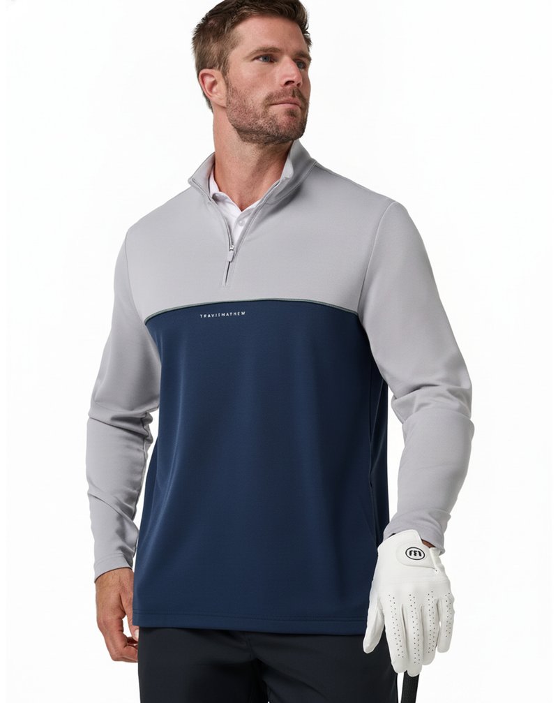 Travis Mathew Fibercloud Color Block Quarter Zip, svetlo sivý