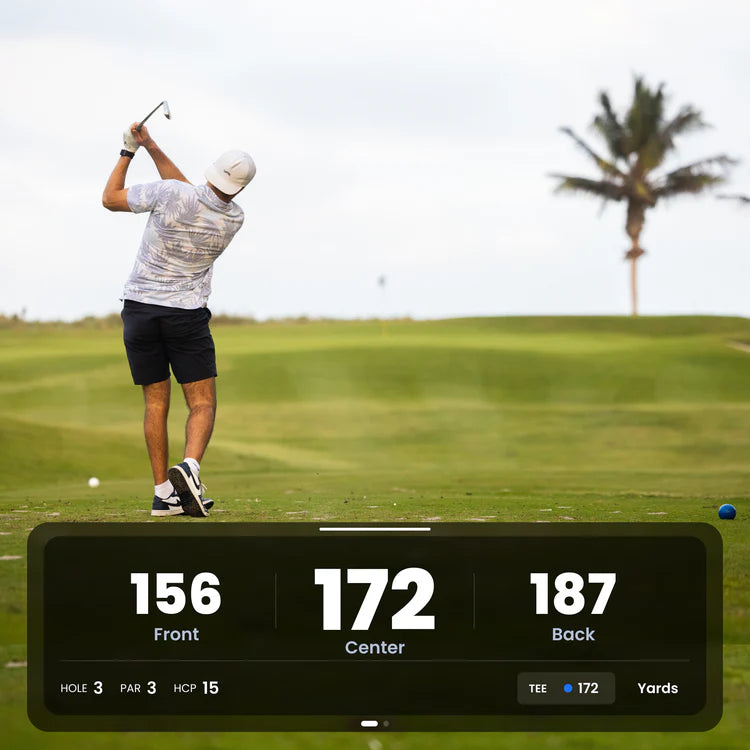 The Caddie GPS zobrazujúci vzdialenosti na začiatok, stred a koniec greenu