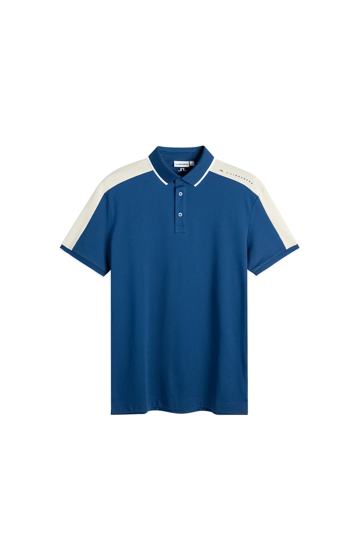 Pánske polo tričko J.Lindeberg Jace Estate Blue – predný pohľad zobrazujúci priedušnú látku a kontrastné ramenné panely