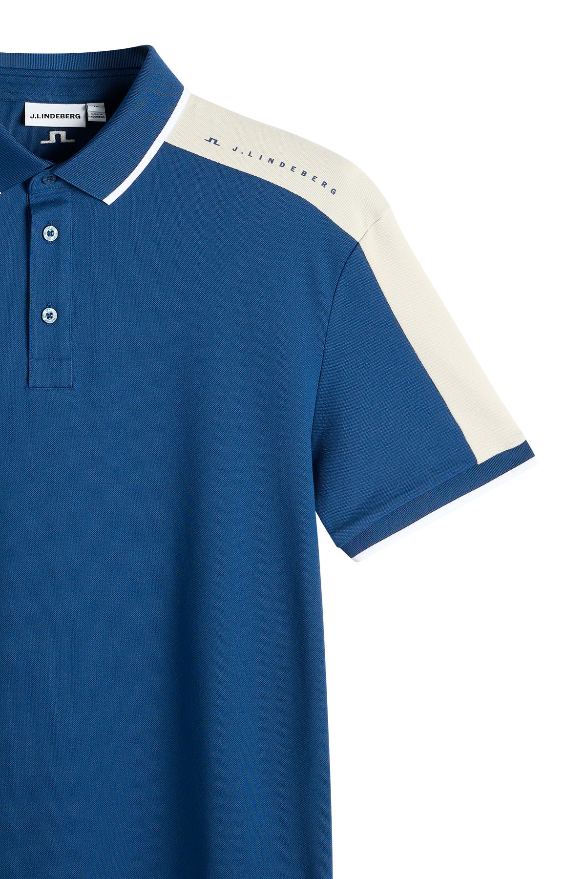 Pánske polo tričko J.Lindeberg Jace Estate Blue – zadný pohľad zobrazujúci logo Bridge a strihané a šité ramenné panely