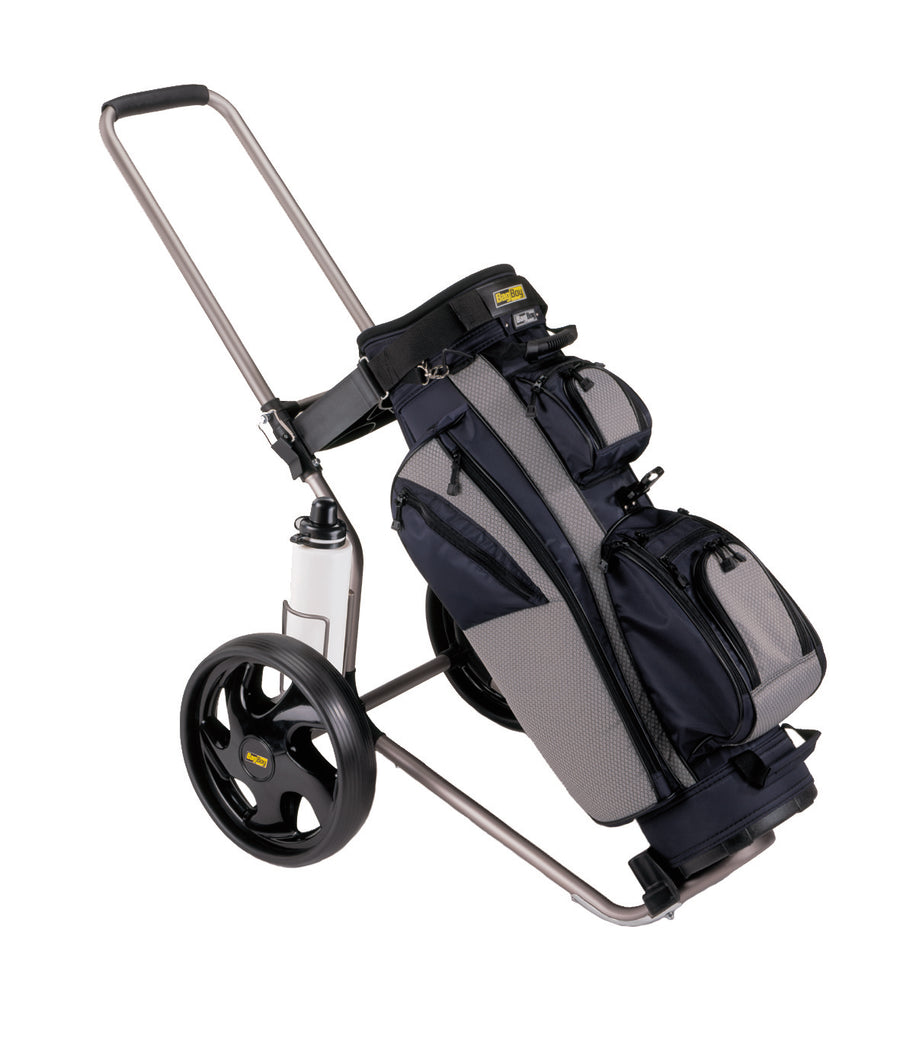 Bag Boy Rental Dual Tube s pripevneným bagom, zobrazujúci skladací rám