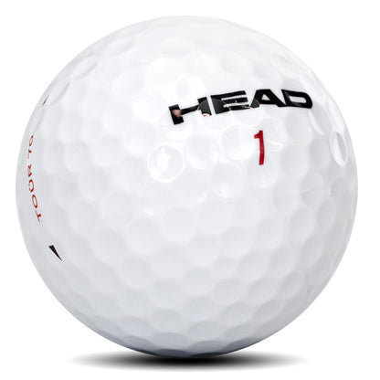 Detailný záber na golfovú loptičku HEAD TOUR 70 ukazujúci uretánový plášť a vzor priehlbín