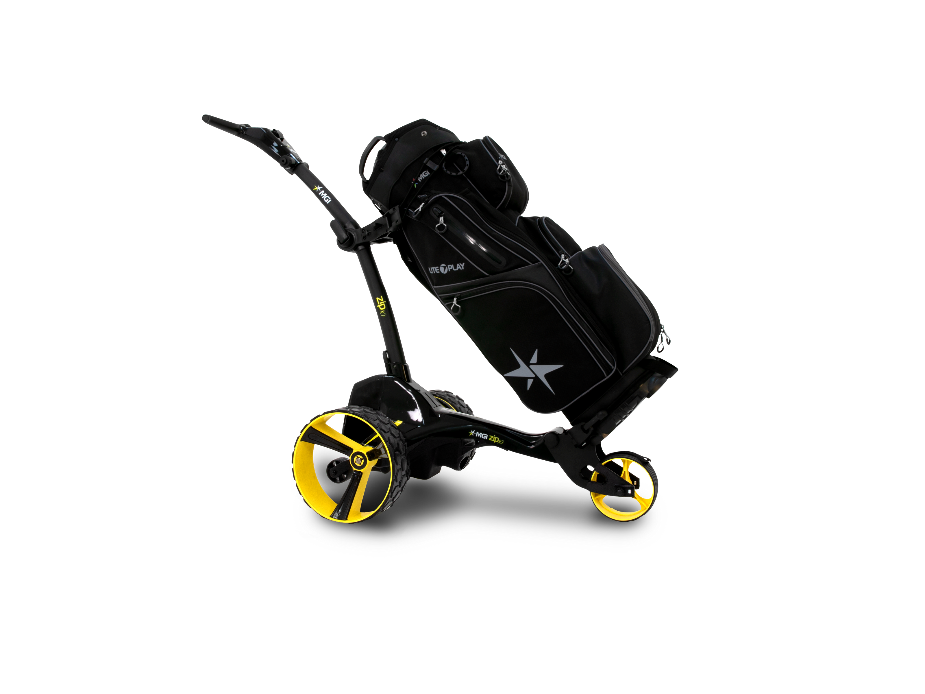 MGI Zip X1 s namontovaným golfovým bagom – ergonomická rukoväť v tvare T a držiak GPS