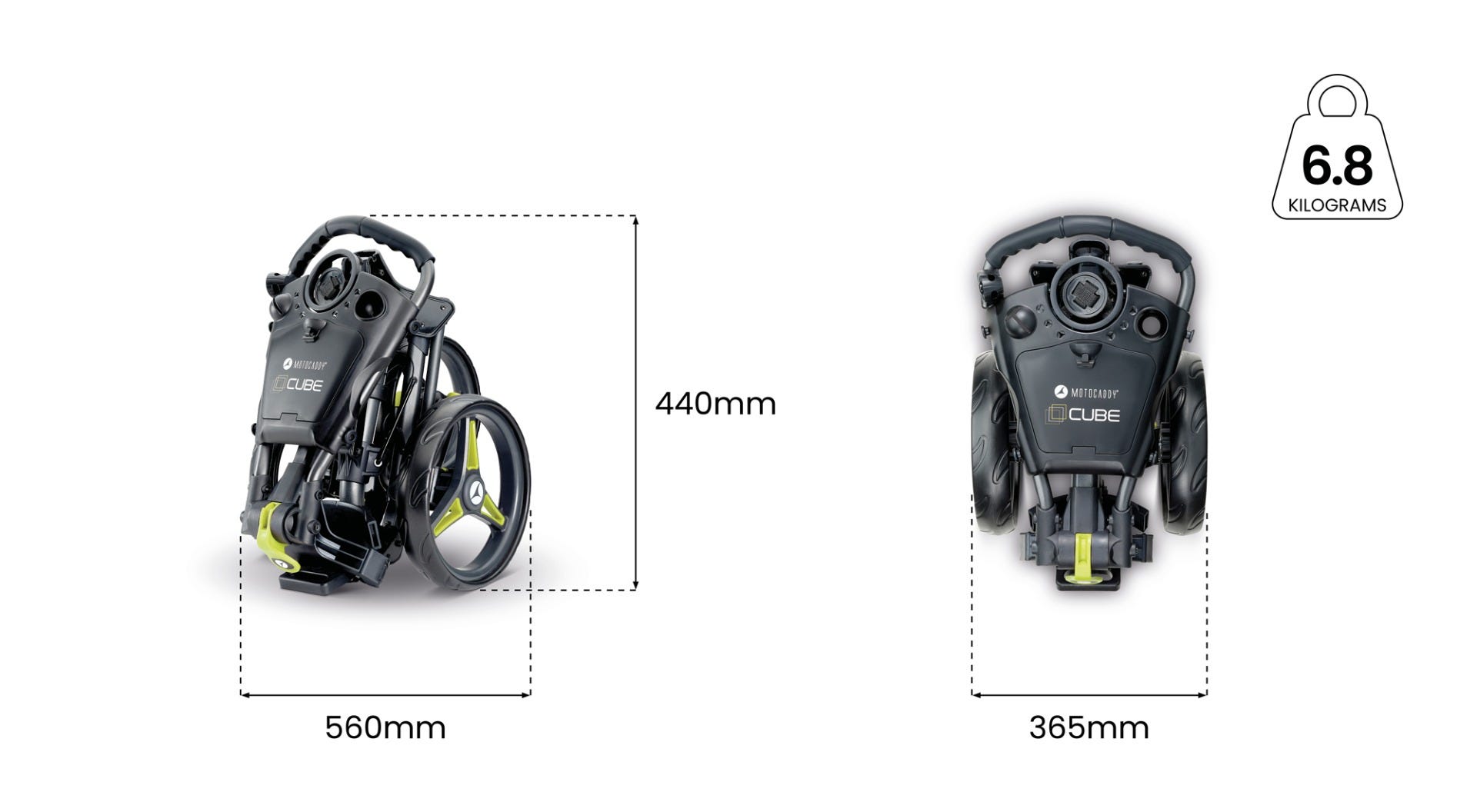 Diagram špecifikácií, kolies a rozmerov Motocaddy CUBE