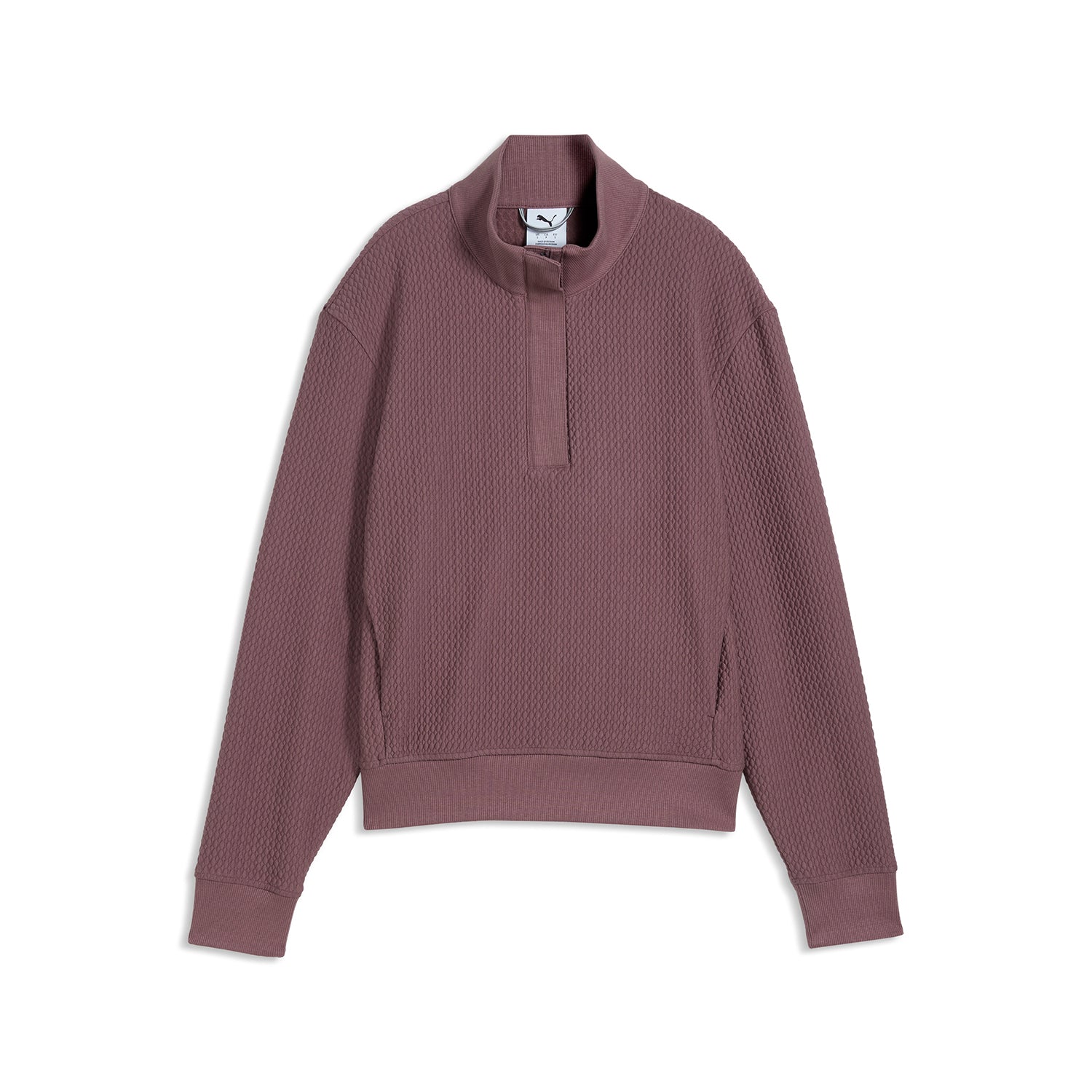 Puma Boulder Ladies 1/4 Zip mikina v Rich Cocoa – predný pohľad zobrazujúci textúru vaflovej tkaniny a stojačik