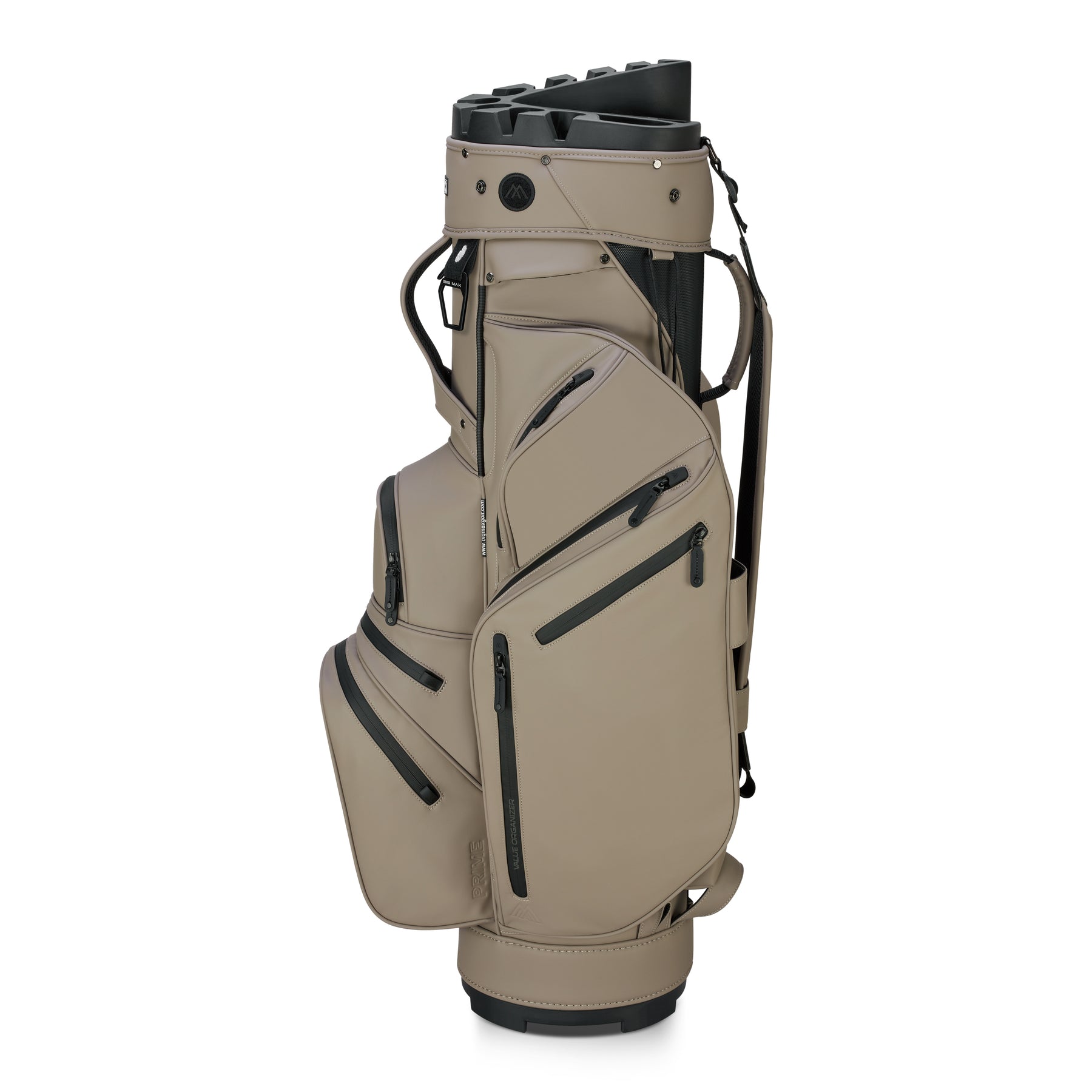 Big Max Dri Lite Silencio Prime cart bag taupe — bočný pohľad zobrazujúci rozloženie vreciek