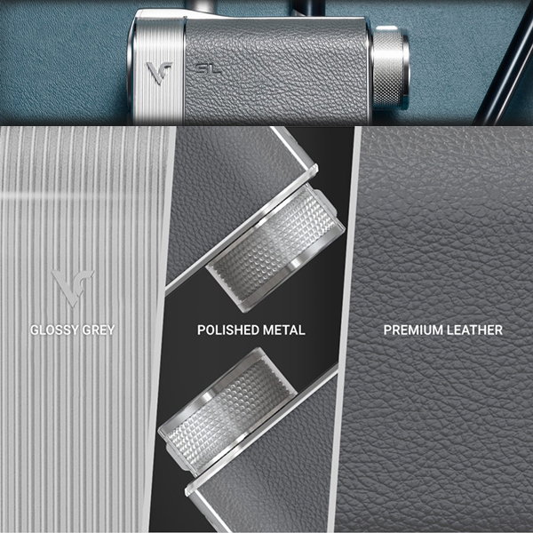 Voice Caddie SL3 – premium polished metal and leather materials
