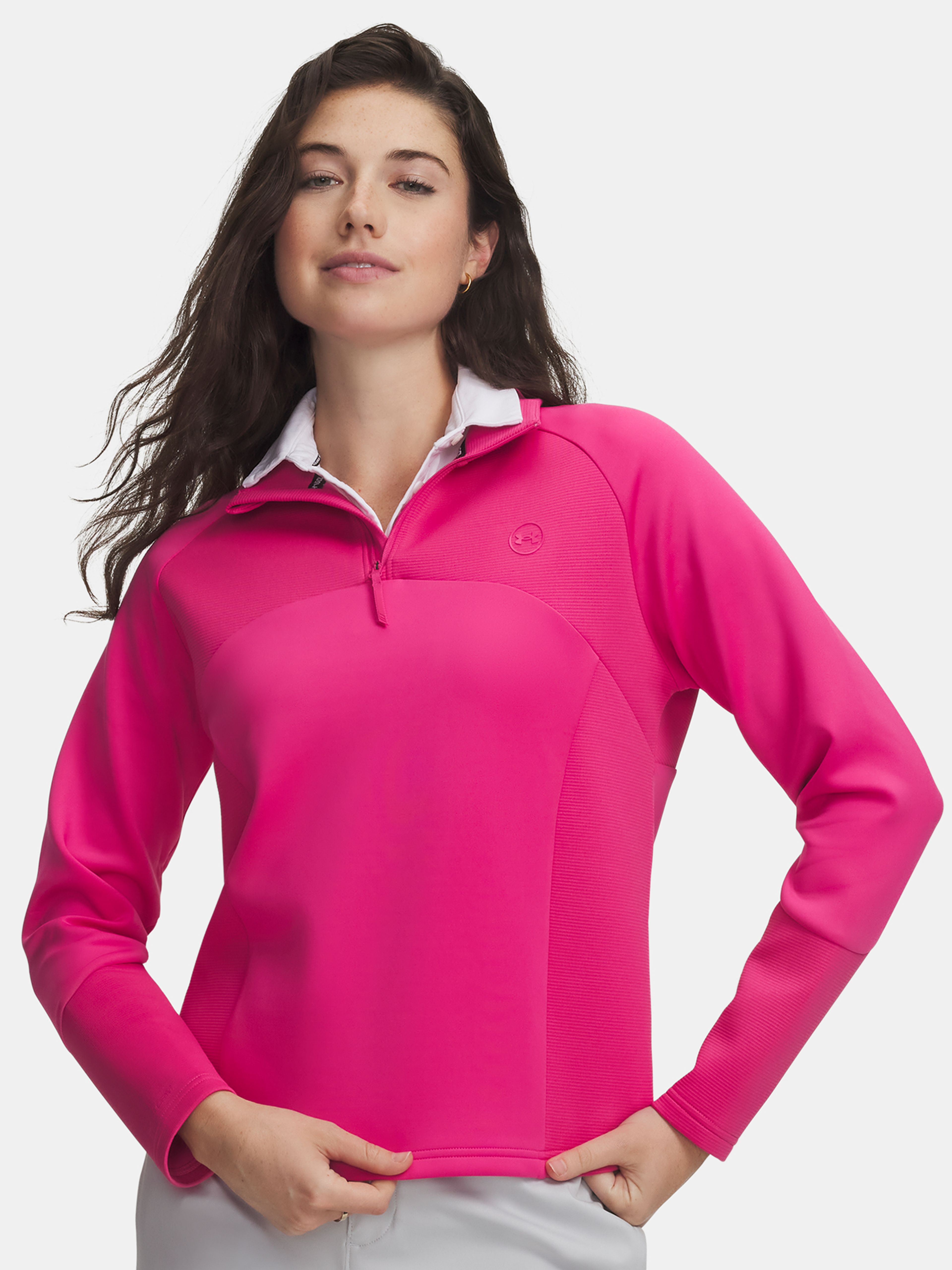 Dámska mikina Under Armour UA Drive Midlayer 1/4 Zip v ružovej farbe – predný pohľad