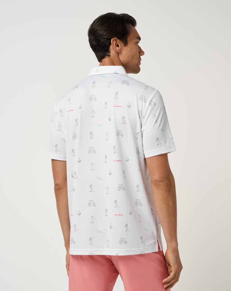Travis Mathew On A Mission Polo – detail pruhovanej perforácie a grafiky astronauta