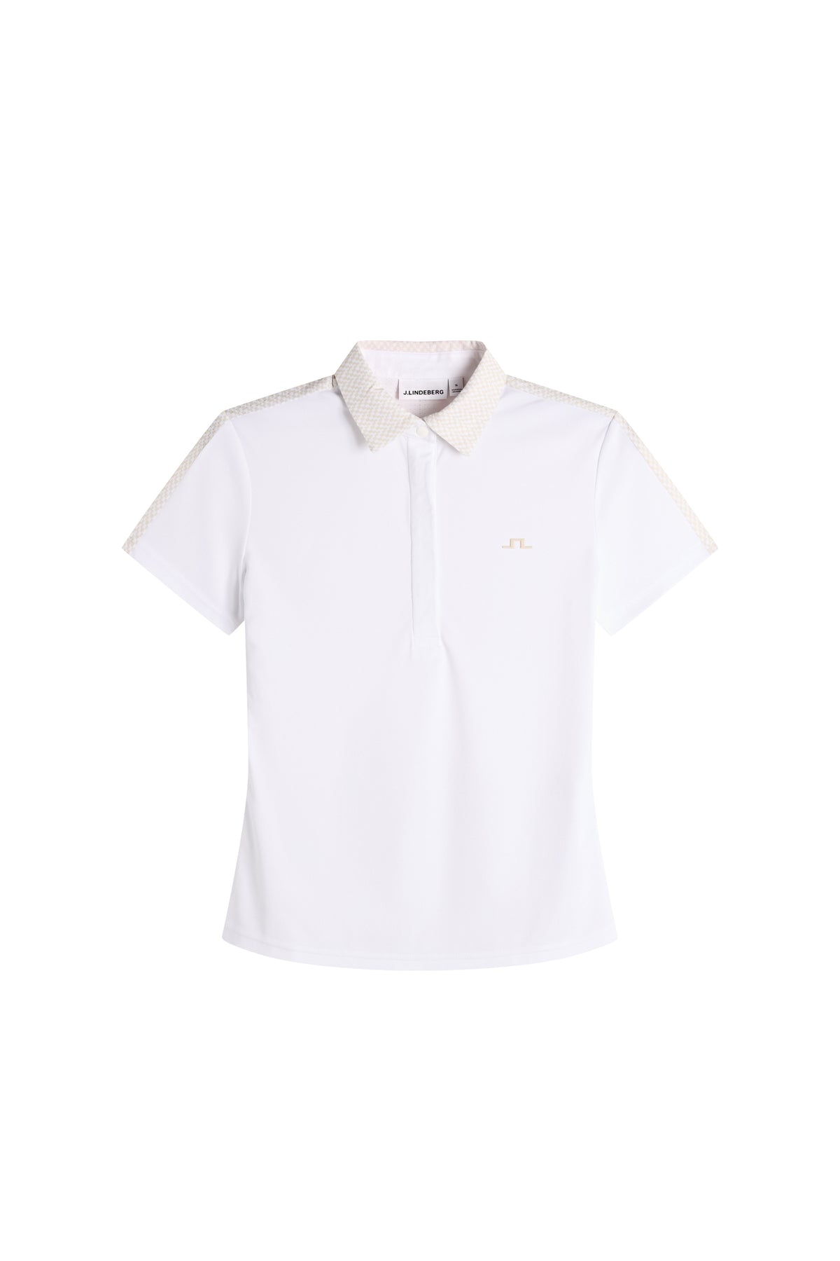 J.Lindeberg Cara Polo Print White – pohľad spredu ukazujúci čistú bielu tkaninu a regular fit