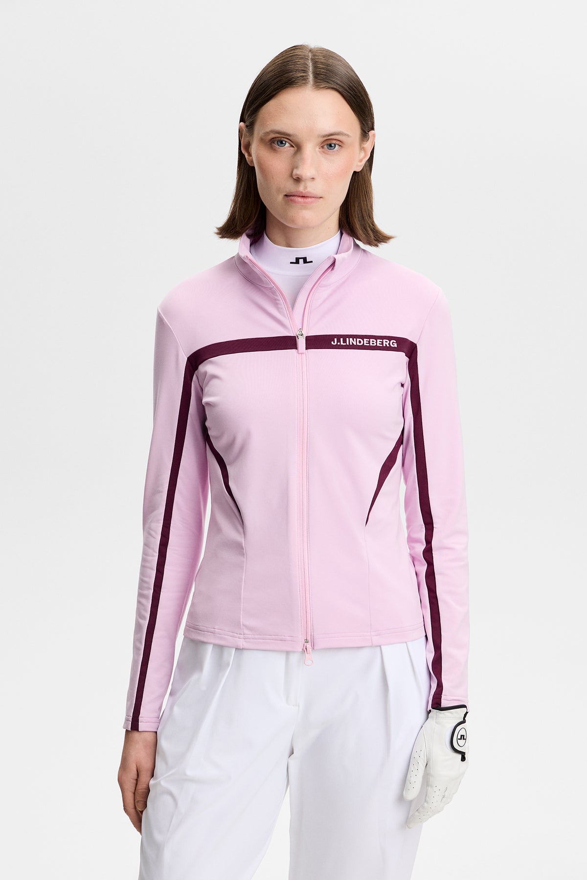 J.Lindeberg Janice Mid Layer Orchid Bouquet – predný pohľad ukazujúci látku Light Mid a dvojcestný zips