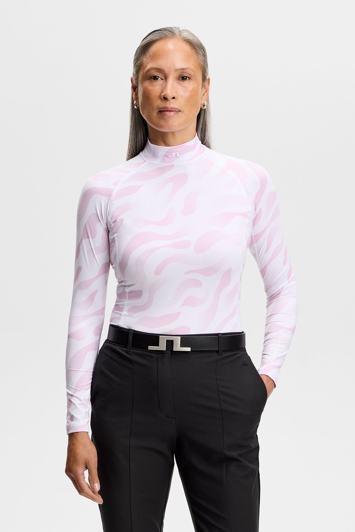 J.Lindeberg Ella Print Compression Top Bunker Fade White Orchid – predný pohľad na modelke