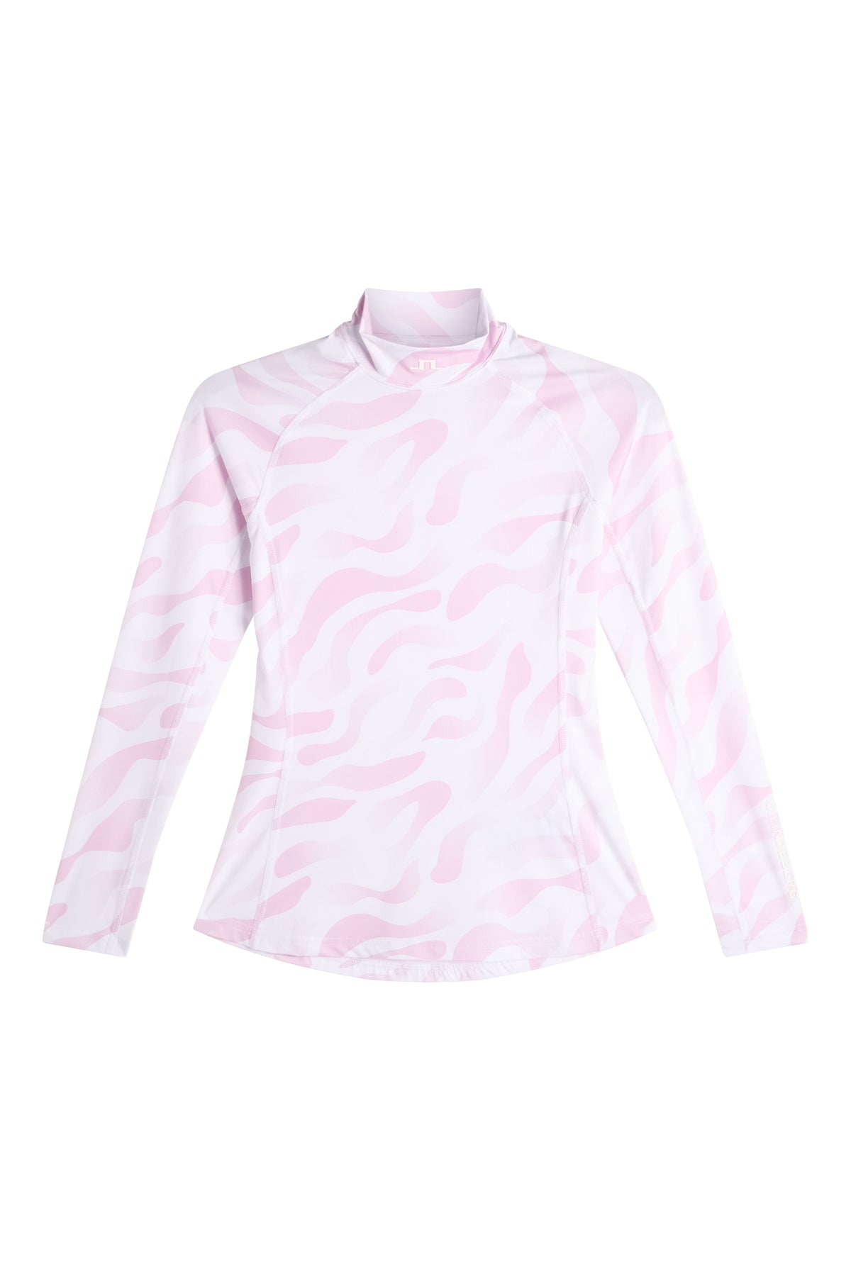 J.Lindeberg Ella Print Compression Top – detail životného štýlu ukazujúci potlač a vysoký golier